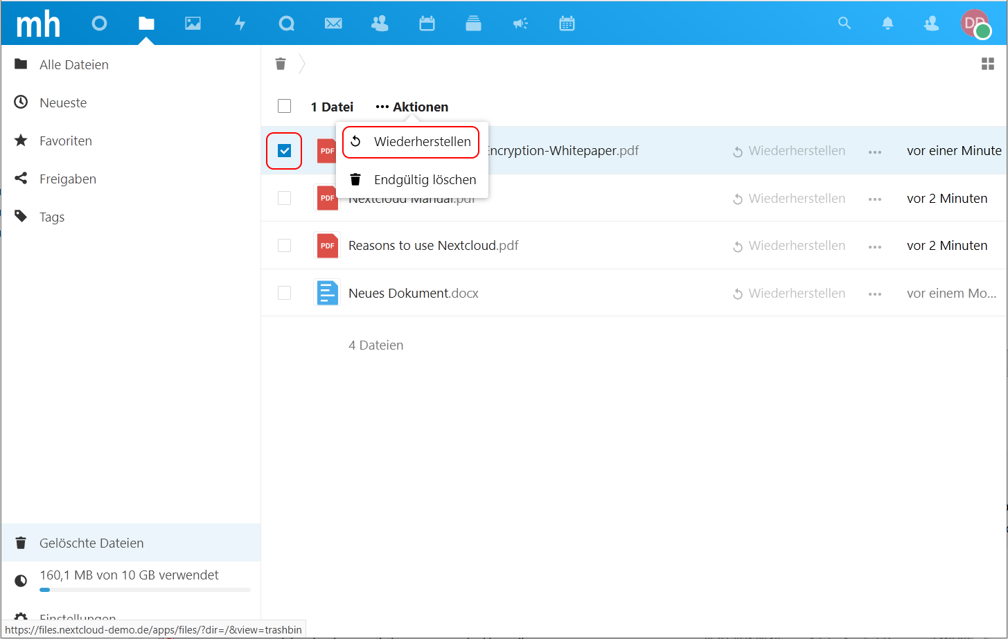 Nextcloud Seite 'Gelöschte Dateien' mit hervorgehobener Option 'Wiederherstellen'